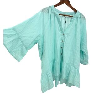 Kaktus Cotton Peplum Top Turquoise Blue Button Front Bell Sleeves Women's 3X NWT